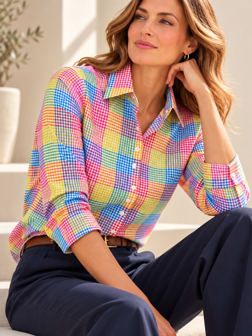 Foxcroft Multicolor Gingham Patchwork Button Down Shirt Size 4